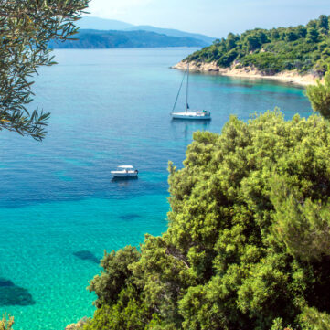 Beautiful turquoise sea and coastline of Skiathos island