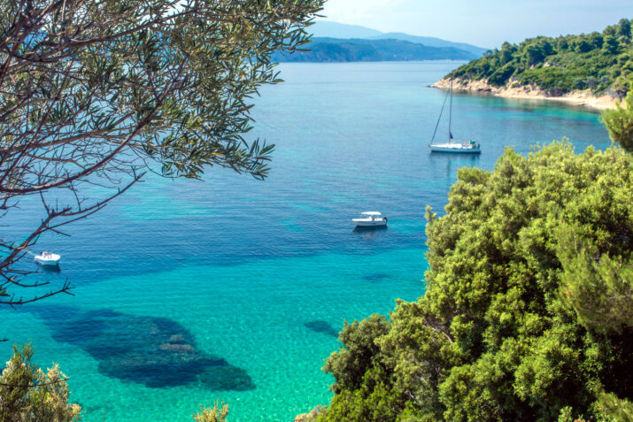 Beautiful turquoise sea and coastline of Skiathos island