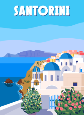 Greece Santorini Poster Travel, Greek white buildings with blue roofs, church, poster, old Mediterranean European culture and architecture.