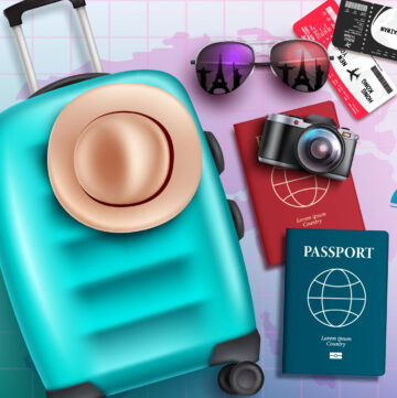 Time to travel text in pink background with luggage bag, passport and ticket travelling elements for fun and adventure trip tour